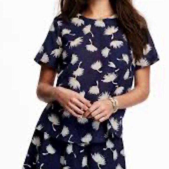 Old navy navy printed linen blend swing blouse M - Picture 1 of 10